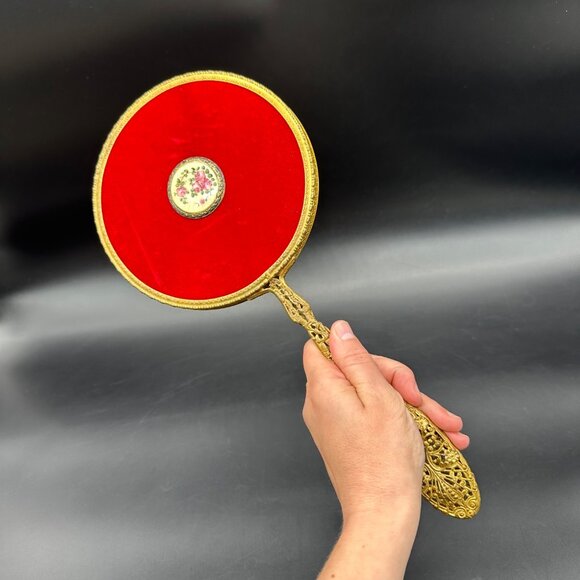 Antique Vanity Hand Mirror Red Velvet Guilloche Enamel Plaque Floral Brass - Picture 12 of 12